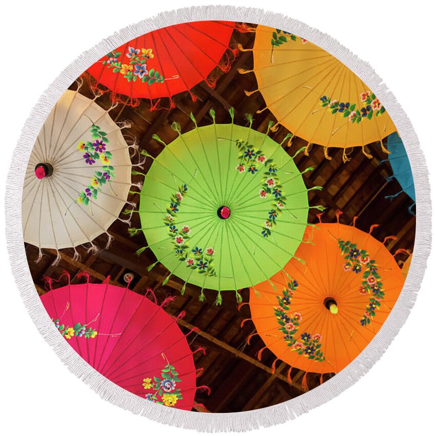 Myanmar Round Beach Towel featuring the photograph Colorful Umbrella Ceiling by Lindley Johnson