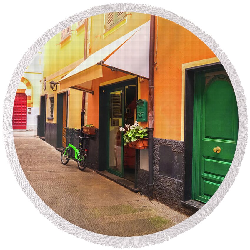 Colourful Round Beach Towel featuring the photograph Colourful Italian Alley Green Door by Luca Lorenzelli