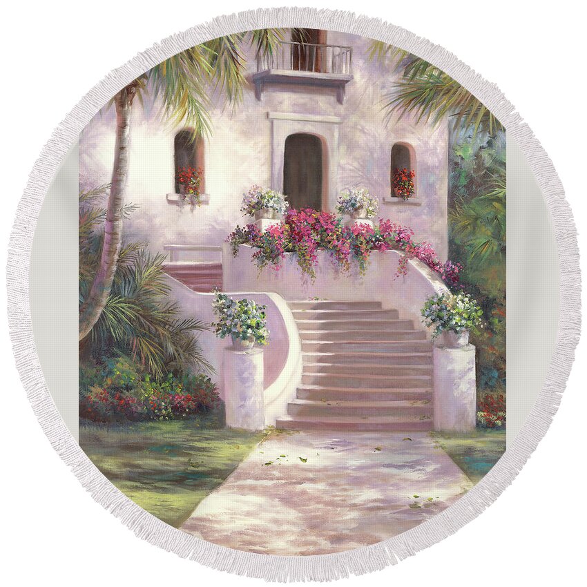 Beautiful Round Beach Towel featuring the painting Come For A Visit by Lynne Pittard