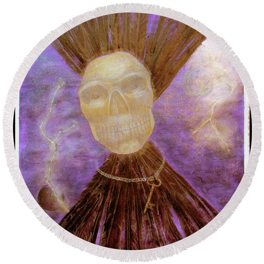 Obsidian Skull Round Beach Towel featuring the painting Compelling Communications with a Large Golden Obsidian Skull by Feather Redfox