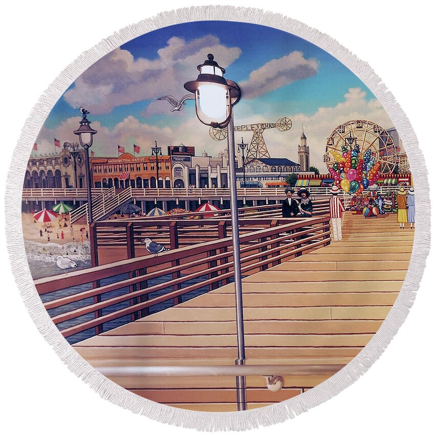  Round Beach Towel featuring the painting Coney Island Boardwalk Pillow Mural #1 by Bonnie Siracusa