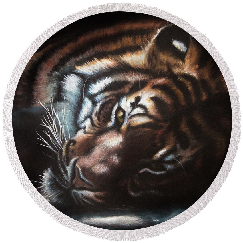 Tiger Round Beach Towel featuring the painting Content by Kirsty Rebecca