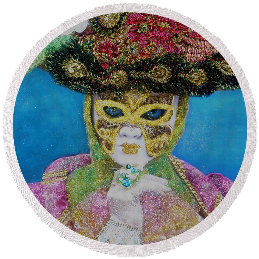 Mixed Media Painting Round Beach Towel featuring the mixed media Contessa - The Carnival of Venice by Anni Adkins