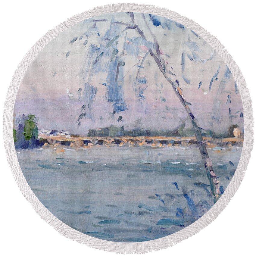 Control Dam Round Beach Towel featuring the painting Control Dam from Goat Island by Ylli Haruni