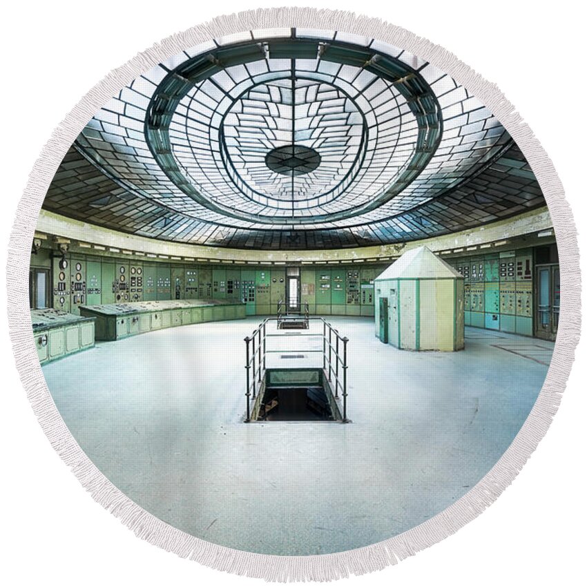 Control Round Beach Towel featuring the photograph Control Room in Decay by Roman Robroek