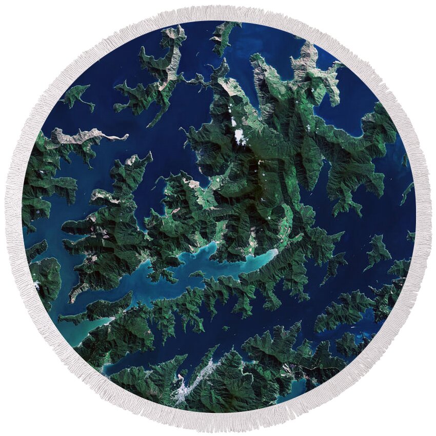 Satellite Image Round Beach Towel featuring the digital art Cook Strait, New Zealand from space by Christian Pauschert