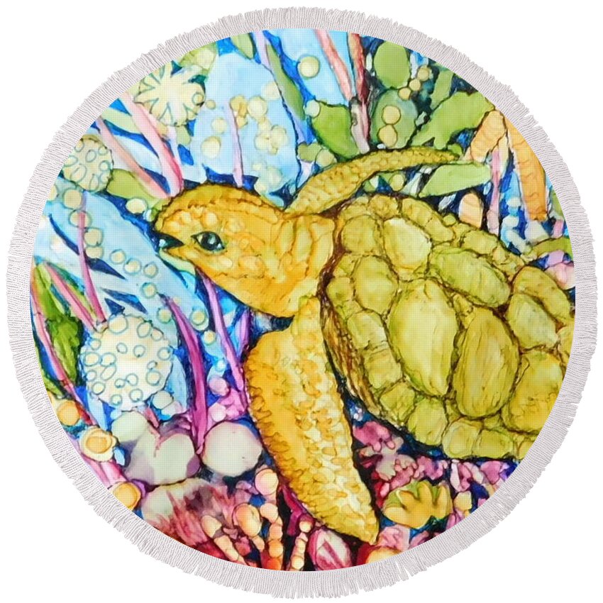 All The Colors Of The Rainbow Surround This Friendly Turtle Round Beach Towel featuring the painting Cool by Joan Clear