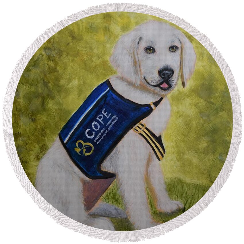 Dog Round Beach Towel featuring the painting Cope Service Dog Labrador by Monika Shepherdson