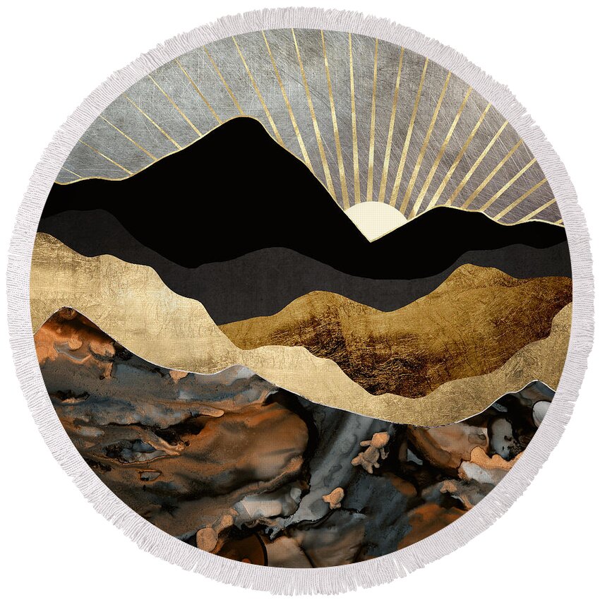 Digital Round Beach Towel featuring the digital art Copper and Gold Mountains by Spacefrog Designs
