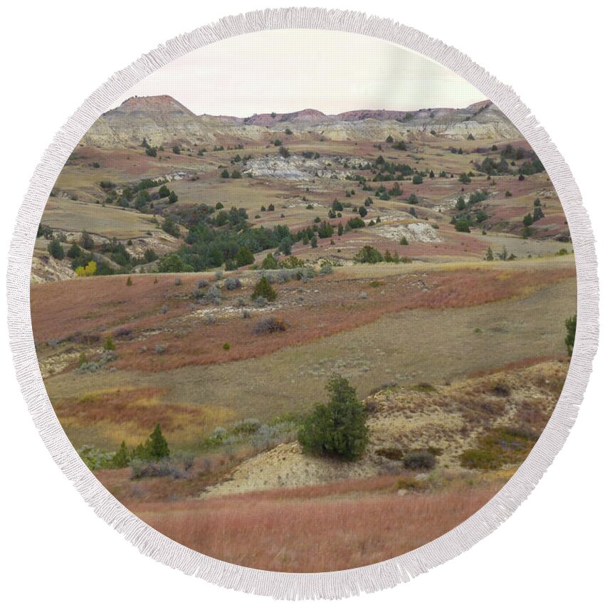North Dakota Round Beach Towel featuring the photograph Coppery Hills Reverie by Cris Fulton