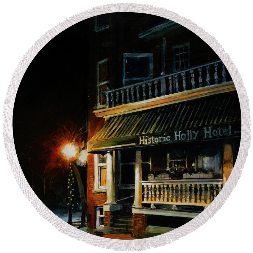 Night Time Round Beach Towel featuring the painting Corner Light by William Brody