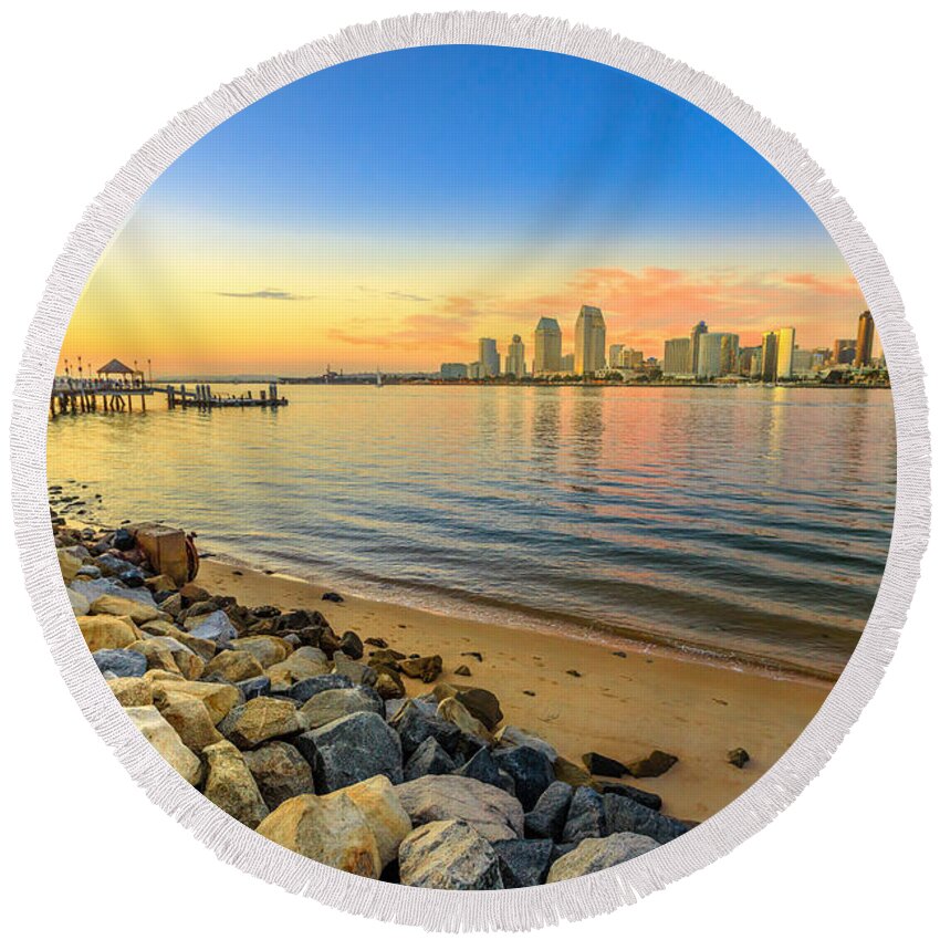 San Diego Round Beach Towel featuring the photograph Coronado Pier sunset by Benny Marty