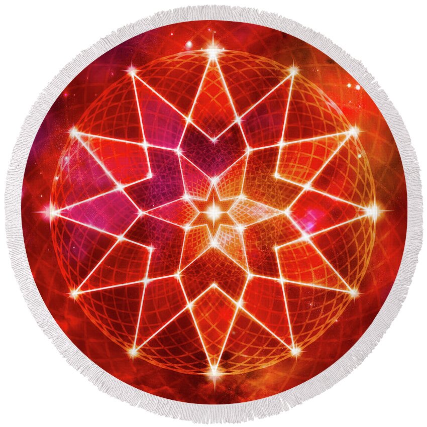 Seed Of Life Round Beach Towel featuring the digital art Cosmic Geometric Seed of Life Crystal Red Lotus Star Mandala by Laura Ostrowski