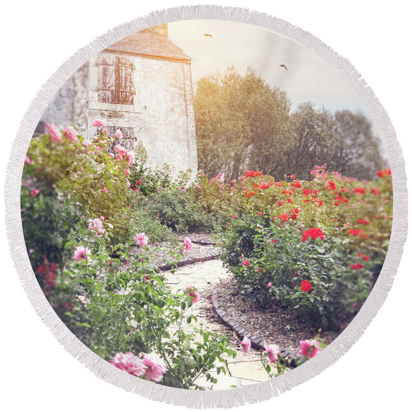 Beautiful Round Beach Towel featuring the photograph Cottage Garden With Roses by Ethiriel Photography