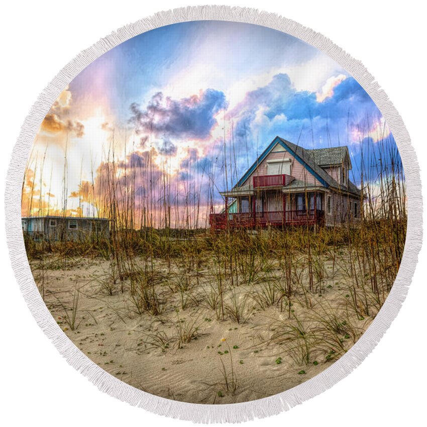 Boats Round Beach Towel featuring the photograph Cottage on the Dunes by Debra and Dave Vanderlaan