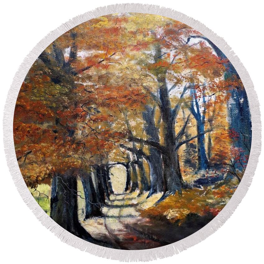 Rural Round Beach Towel featuring the painting Country Lane by Lee Piper