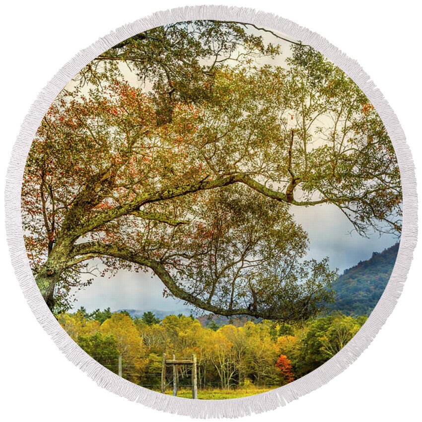 Appalachia Round Beach Towel featuring the photograph Country Mountain Lane at Cades Cove by Debra and Dave Vanderlaan