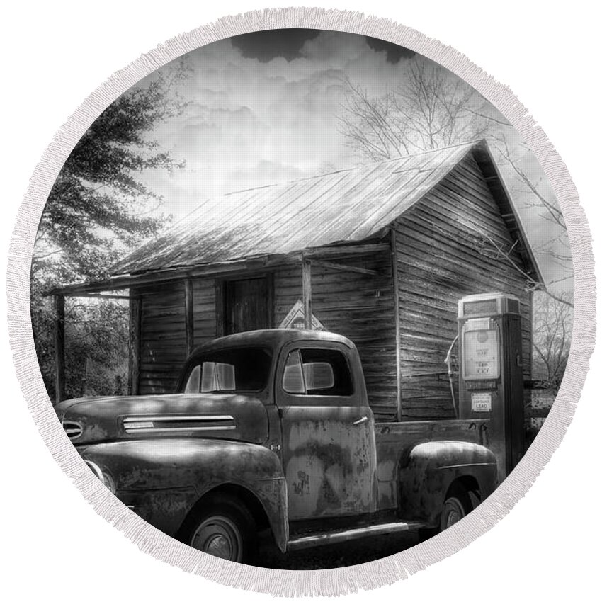 Black Round Beach Towel featuring the photograph Country Olden Days Black and White by Debra and Dave Vanderlaan