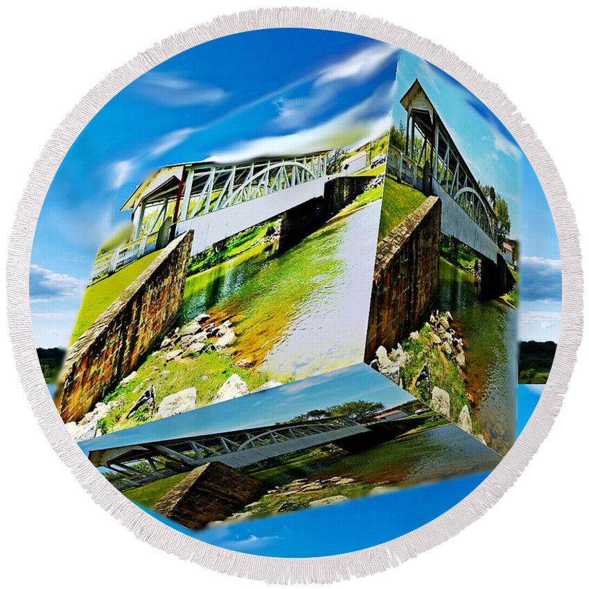 Covered Round Beach Towel featuring the digital art Covered bridge as a box by Karl Rose