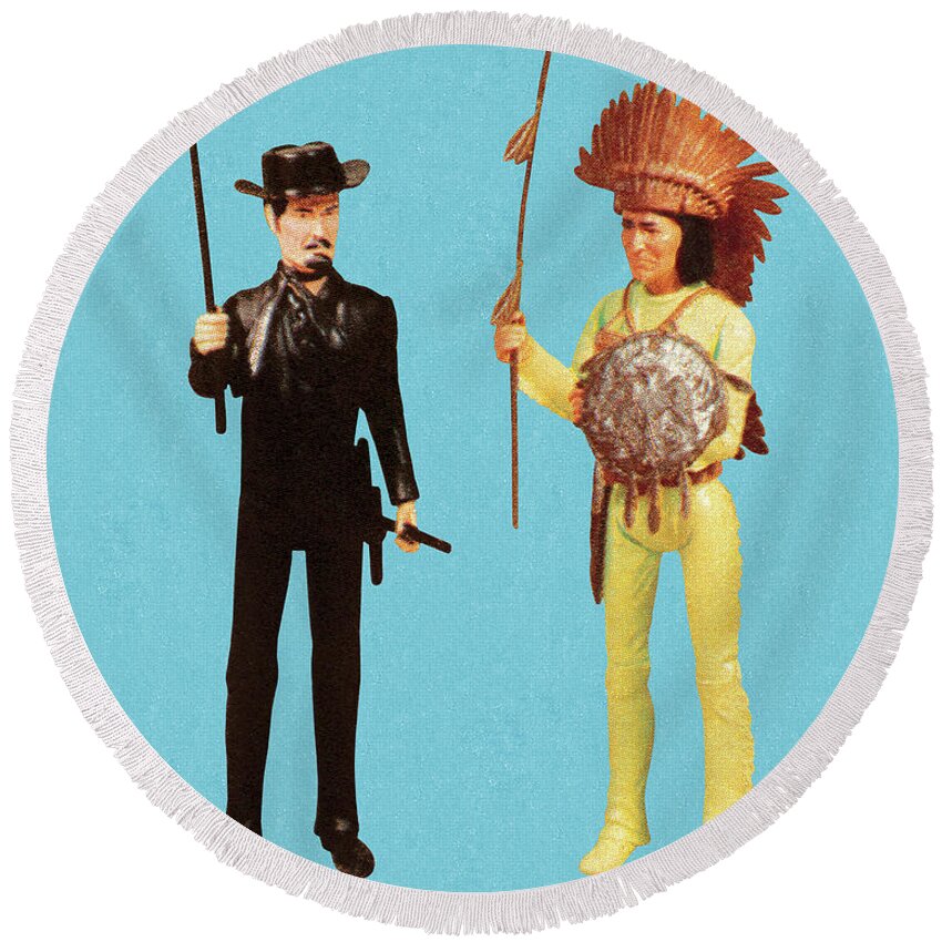 Accessories Round Beach Towel featuring the drawing Cowboy and Native American Man by CSA Images