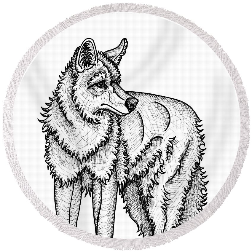 Animal Portrait Round Beach Towel featuring the drawing Coyote by Amy E Fraser