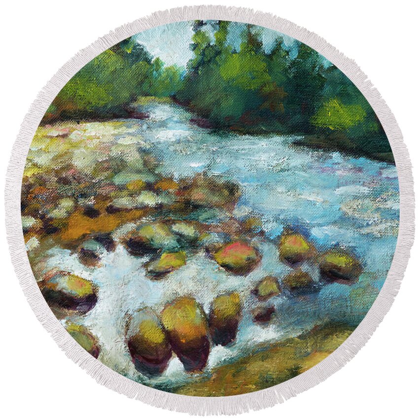 Landscape Round Beach Towel featuring the painting Crabtree Creek by Mike Bergen