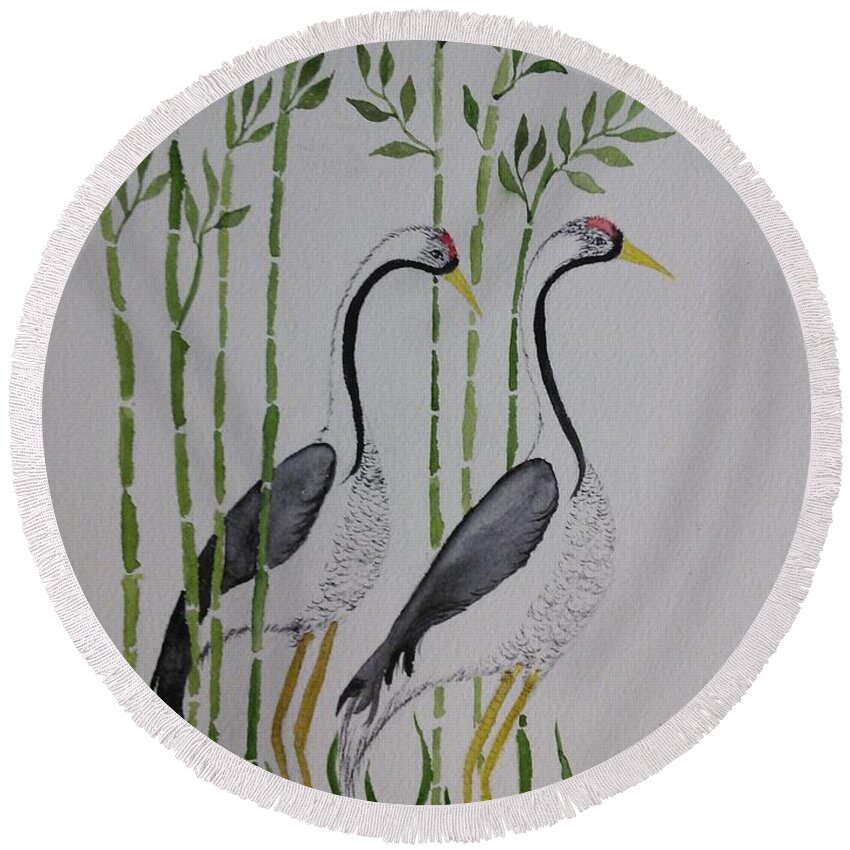 Cranes Round Beach Towel featuring the painting Crane #2 by Susan Nielsen