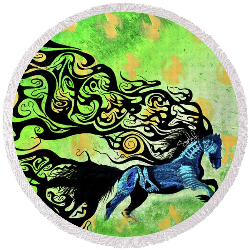 Horse Farm Abstract Conceptual Art Colorful Painting Paint Color Green Blue Animal Love Jump Inspiration Motivation Tail Hair Beautiful Beauty Run Success Round Beach Towel featuring the painting Crazy Horse by Sergio Gutierrez