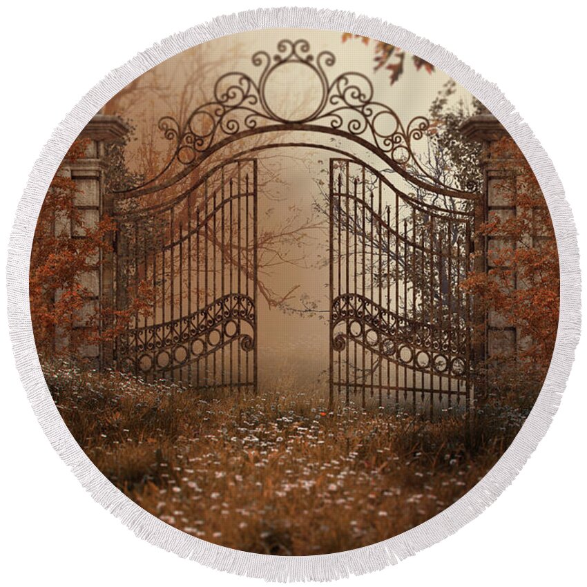 Creepy Round Beach Towel featuring the photograph Creepy Old Gates Set In Overgrown Estate by Ethiriel Photography