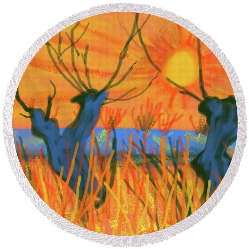 Ipad Painting Round Beach Towel featuring the painting Cropped Willows in Evening Light by Glenn Marshall