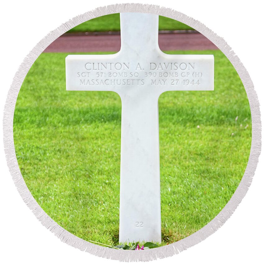 White Cross Round Beach Towel featuring the photograph Cross and Flowers on Grave by Sally Weigand
