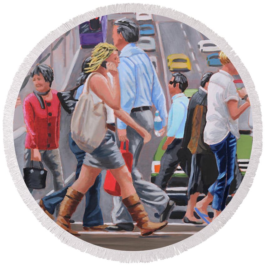 Crosswalk Round Beach Towel featuring the painting Crosswalk Crowd by Kevin Hughes