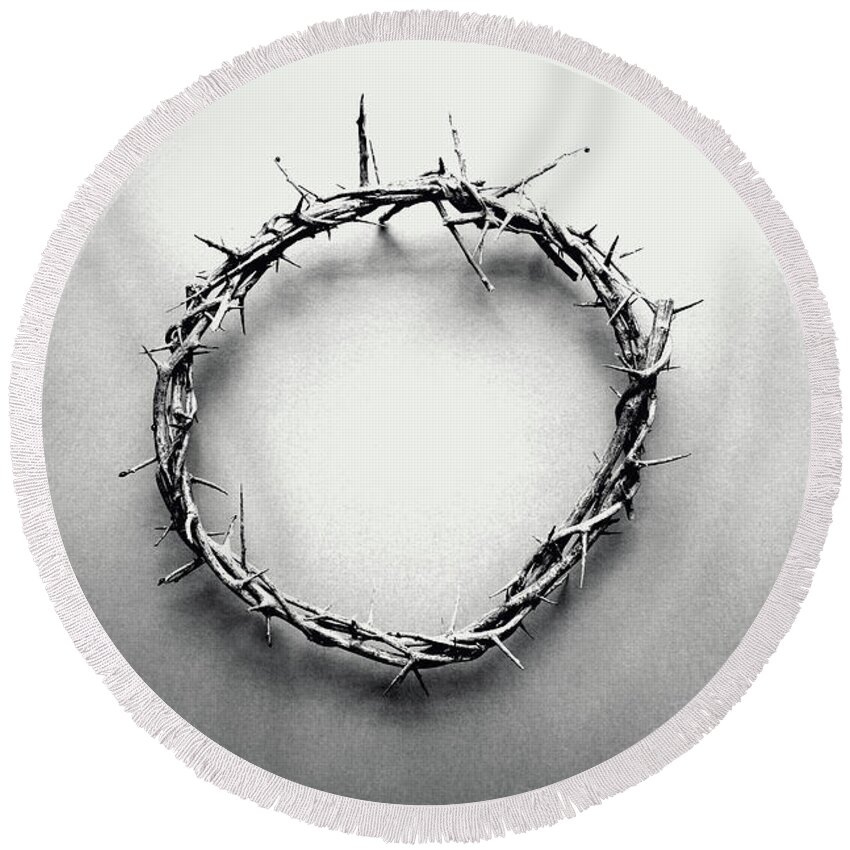 Crown Of Thorns Round Beach Towel featuring the photograph Crown of Thorns in Black and White by Stephanie Frey