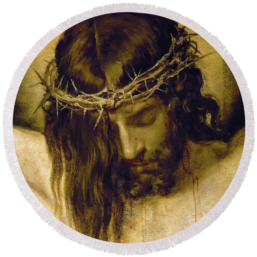 Cristo Crucificado Round Beach Towel featuring the painting Crucified Christ -detail of the head-. Cristo crucificado. Madrid, Prado museum. DIEGO VELAZQUEZ . by Diego Velazquez -1599-1660-