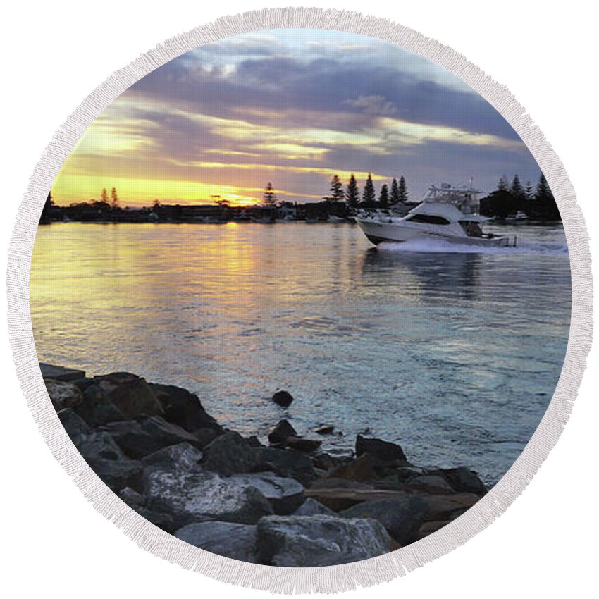 Tuncurry Photography Round Beach Towel featuring the digital art Cruising into the sunset 0563 by Kevin Chippindall