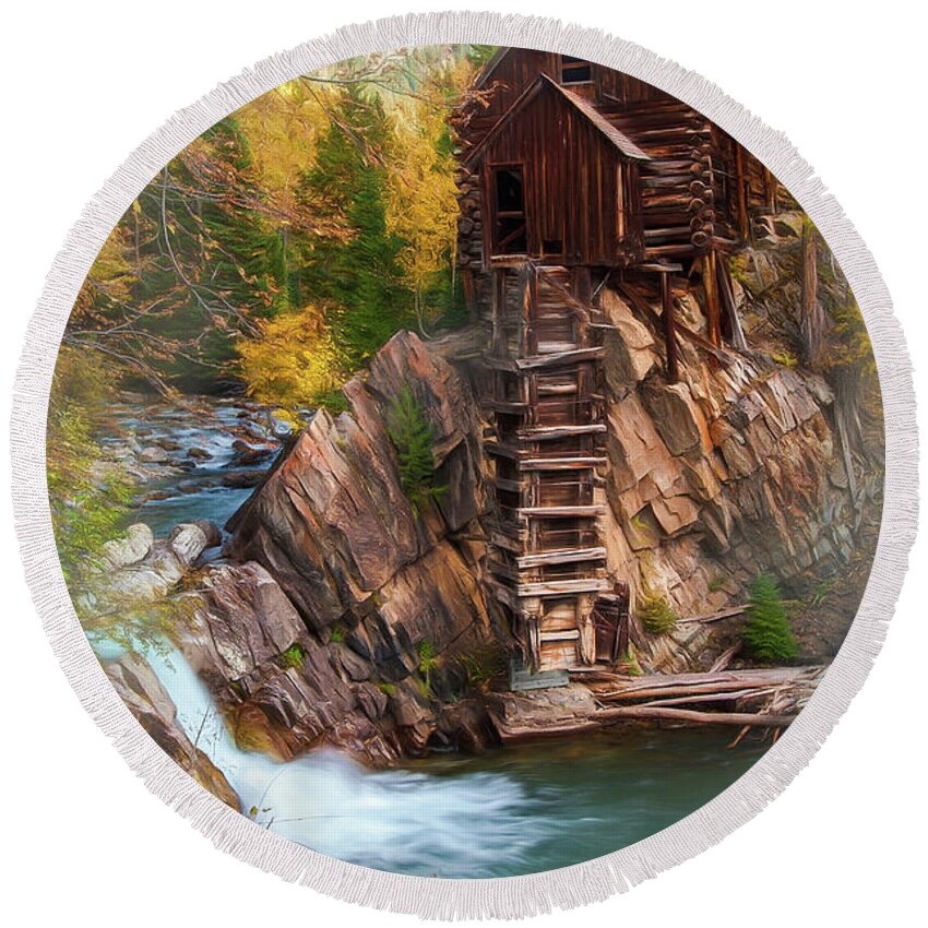 Colorado Round Beach Towel featuring the photograph Crystal Mill in the Fall by Debra Boucher