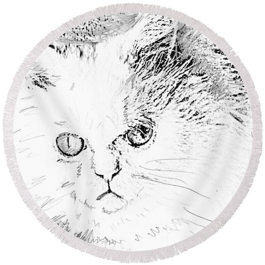 Cat Round Beach Towel featuring the drawing Crystal Our White Cat by Mackenzie Moulton