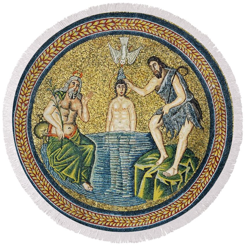 Jesus Round Beach Towel featuring the painting Cupola moasic of Baptism of Christ by John Baptist with the River God of jordan in Baptistery of ... by Album