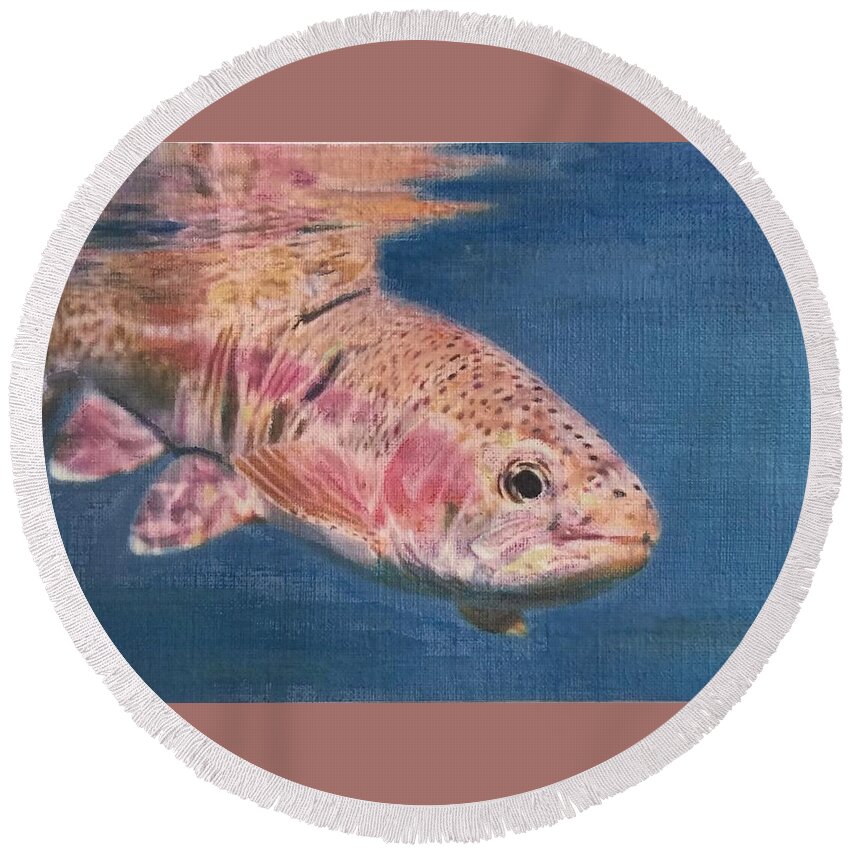 Trout Round Beach Towel featuring the painting Curious Trout by Cara Frafjord