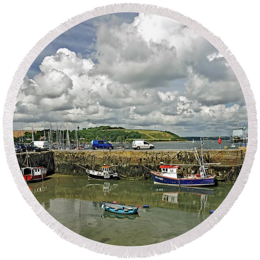 Bright Round Beach Towel featuring the photograph Custom House Quay, Falmouth #1 by Rod Johnson