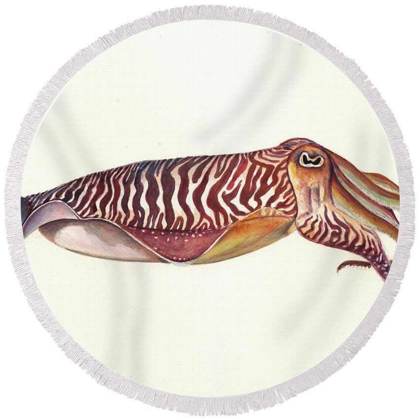 Cuttlefish Art Round Beach Towel featuring the painting Cuttlefish watercolor by Juan Bosco