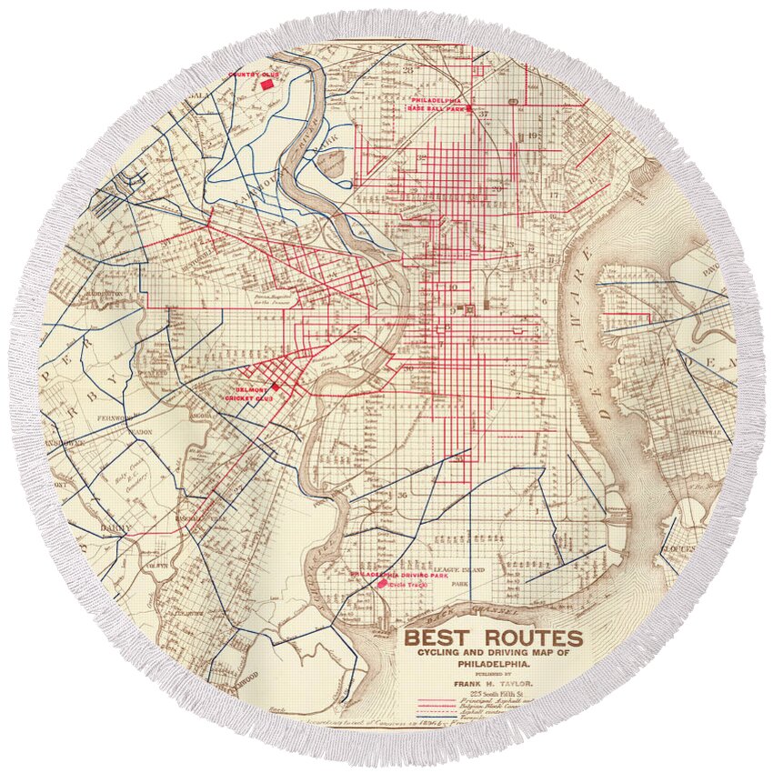 Philadelphia Round Beach Towel featuring the mixed media Cyclers' and drivers' best routes in and around Philadelphia by Frank H Taylor