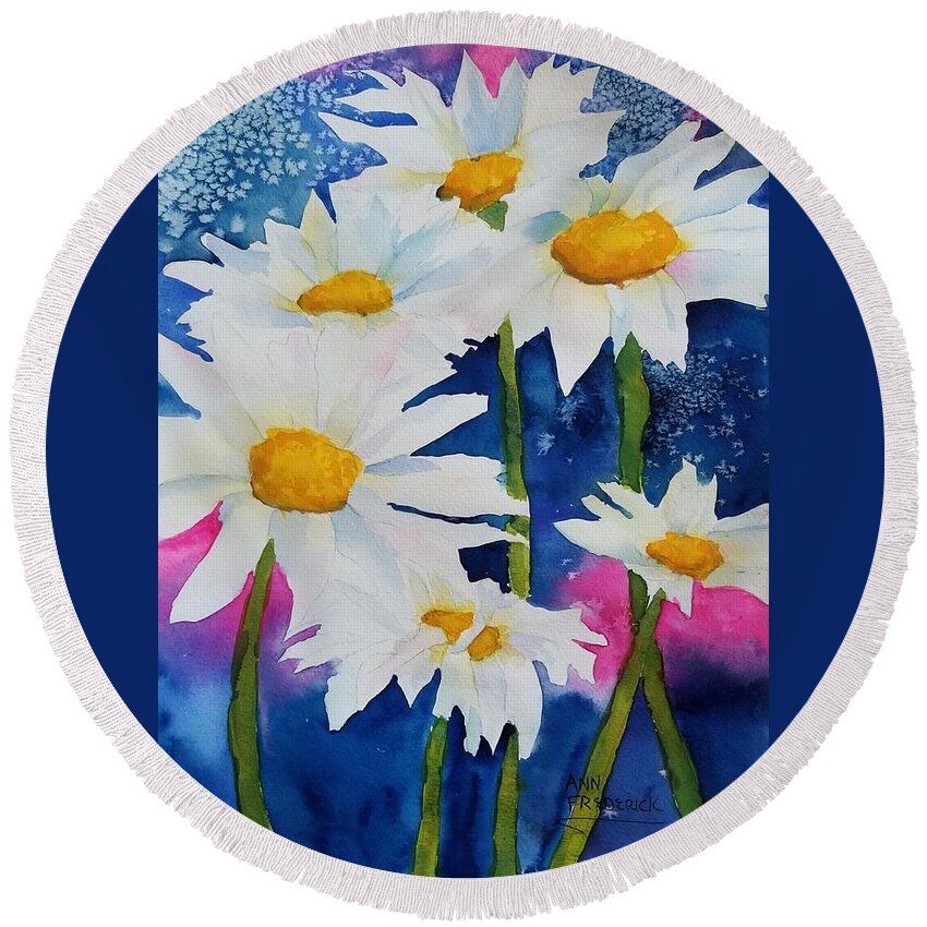 Daisies Round Beach Towel featuring the painting Daisies in Navy by Ann Frederick