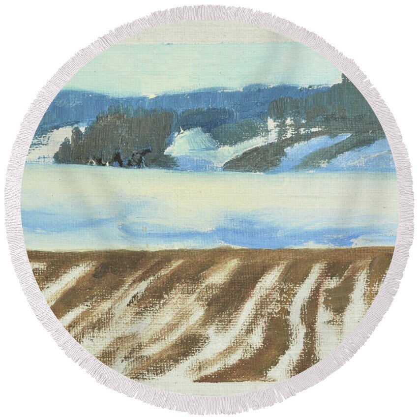 Landskap Round Beach Towel featuring the painting Dala spring winter  Dala vaarvinter 1995-97 4 of 7 by Marica Ohlsson
