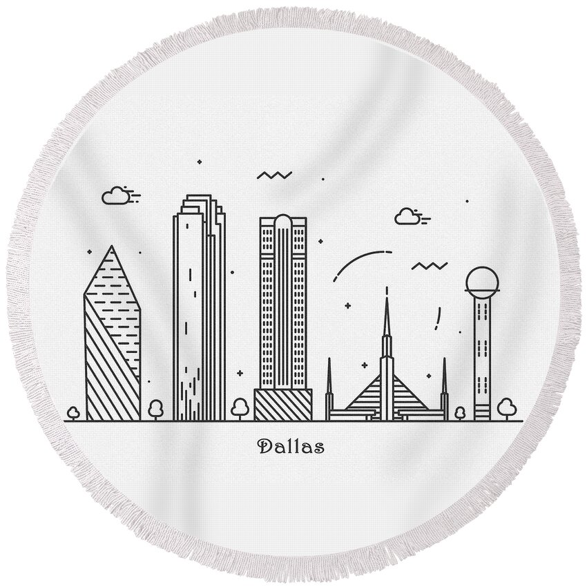 Dallas Round Beach Towel featuring the drawing Dallas Cityscape Travel Poster by Inspirowl Design