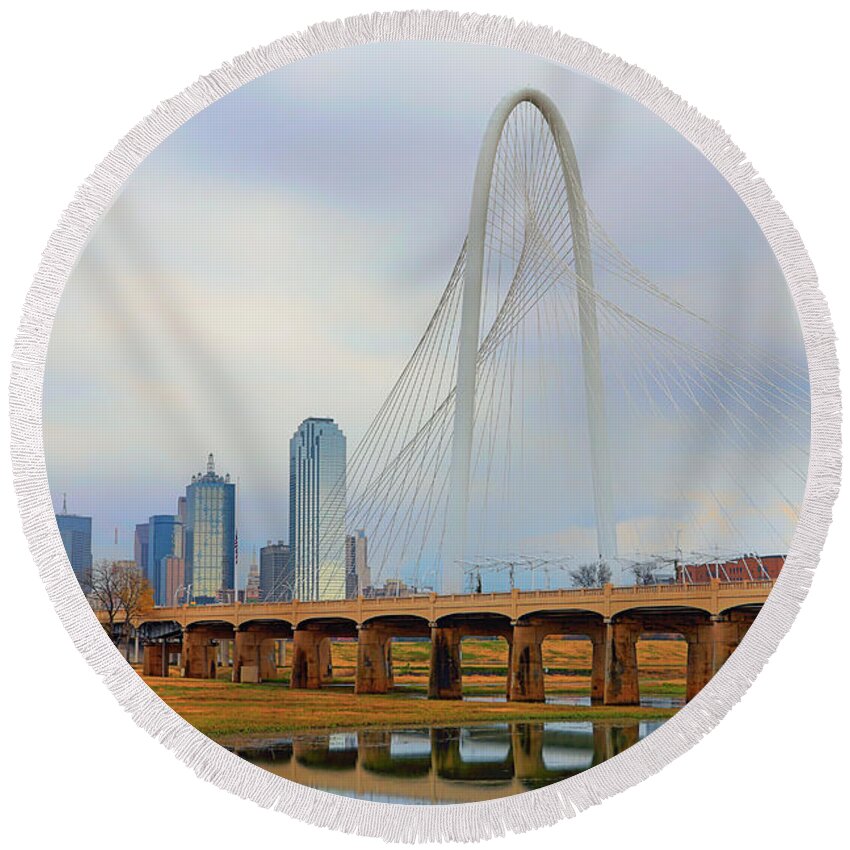 Dallas Skyline Round Beach Towel featuring the photograph Dallas Skyline with the Margaret Hunt Hill Bridge - Texas - Cityscape by Jason Politte