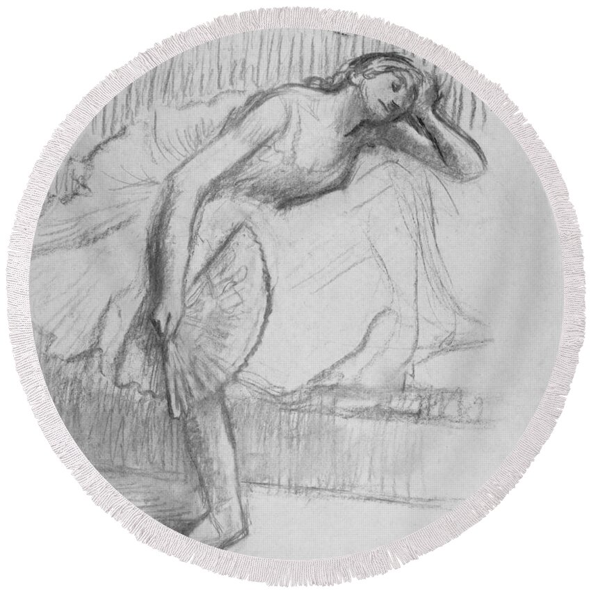 19th Century Art Round Beach Towel featuring the drawing Dancer Resting with a Fan by Edgar Degas