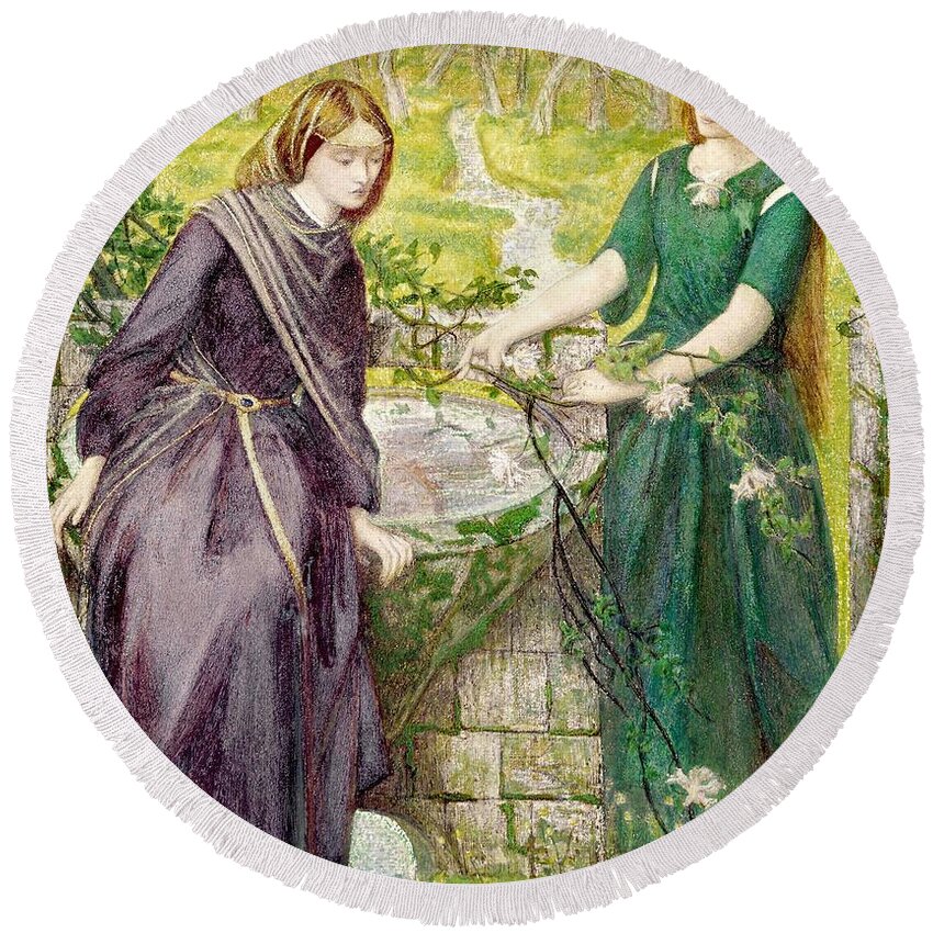 Dante Round Beach Towel featuring the painting Dante Gabriel Rossetti / 'Dante's Vision of Rachel and Leah', 1855, Watercolour on paper. by Dante Gabriel Rossetti -1828-1882-