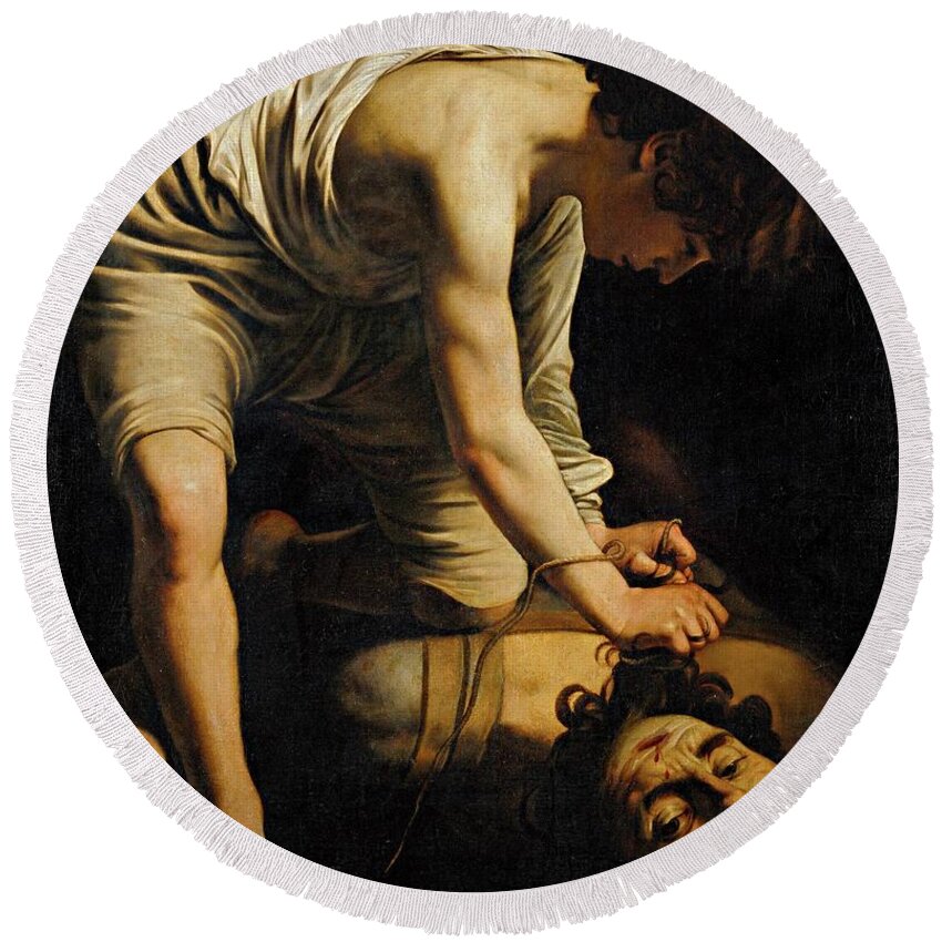 Caravaggio Round Beach Towel featuring the painting 'David Victorious over Goliath', ca. 1600, Italian School, Oil on canvas, 110,4 cm ... by Caravaggio -c 1570-1610-