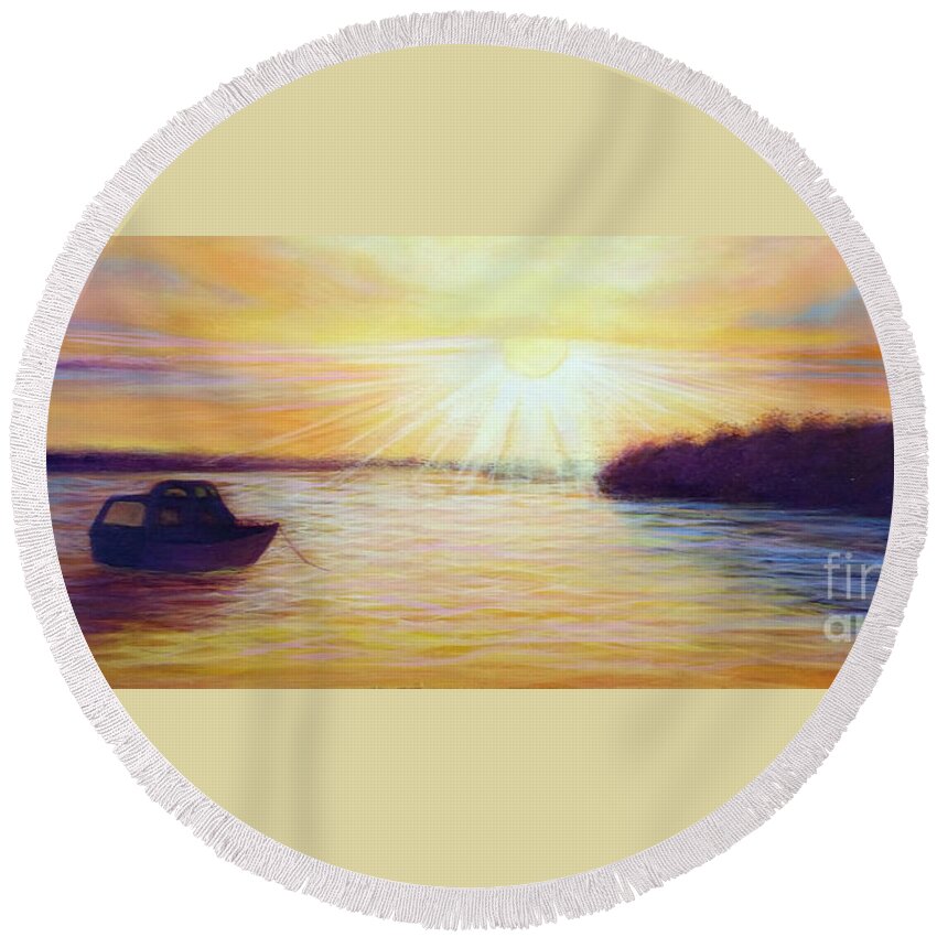 Dawn Round Beach Towel featuring the painting Dawn on Pigeon Lake, excerpt by Sarah Irland